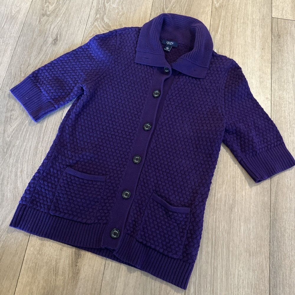 CHAPS Knitted Cardigan Sweater Women's Large 3/4 Sleeve Purple Heavy Knit